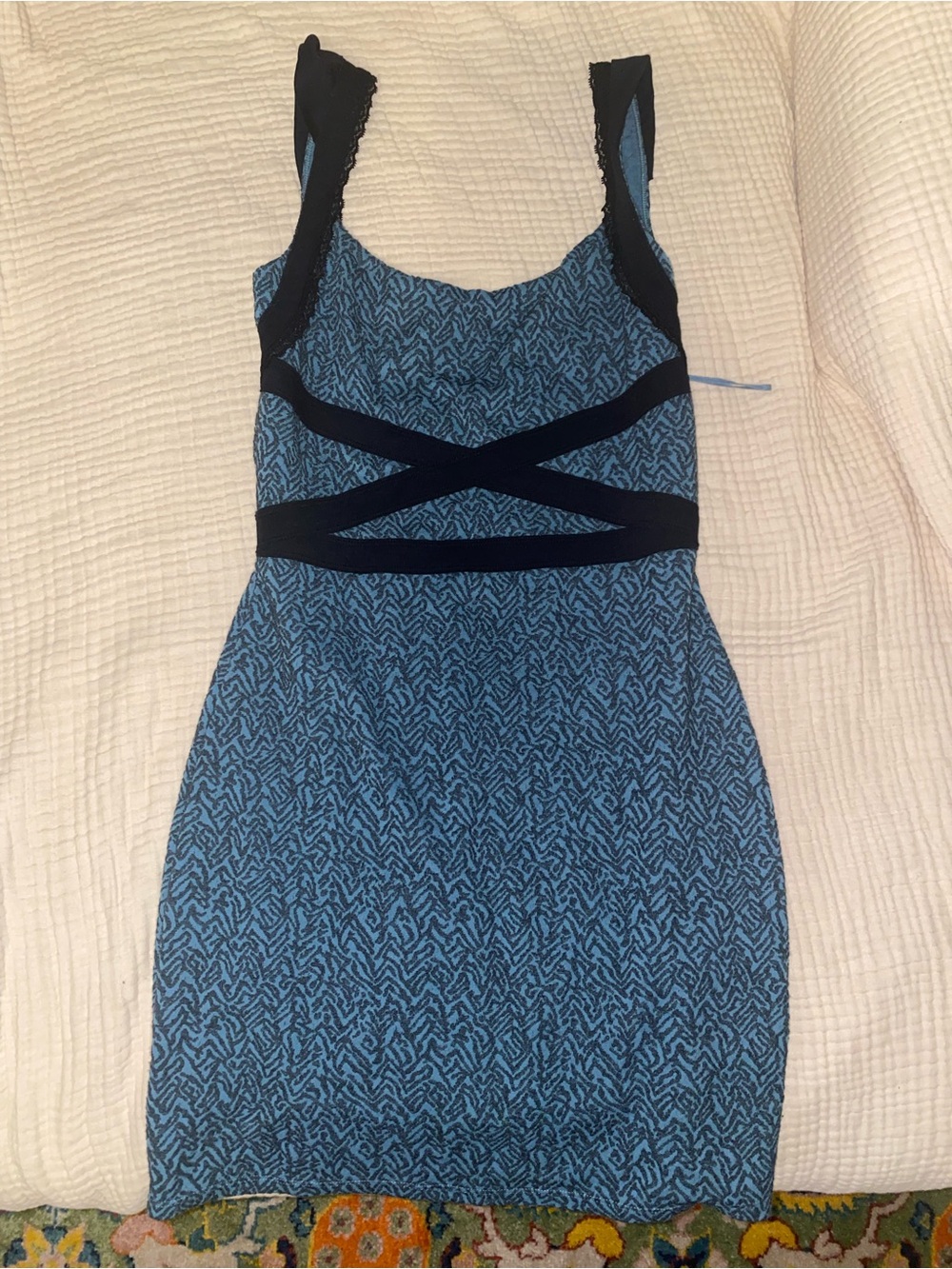 Free People Blue Patterned Mini Dress with Black Straps
